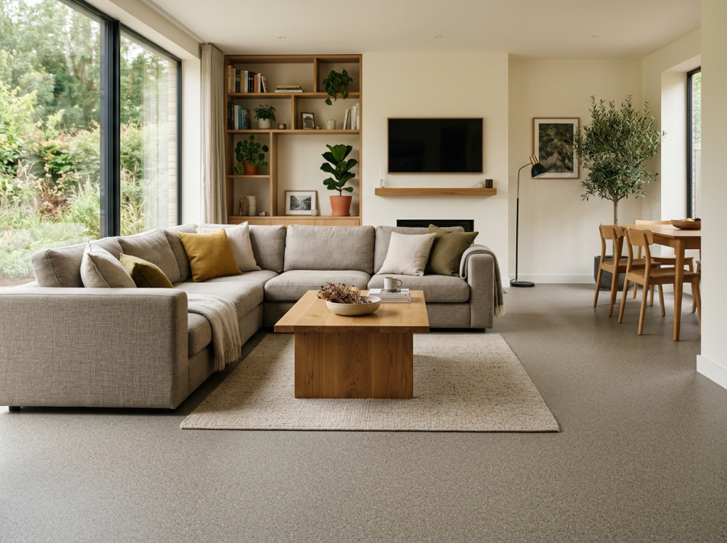 Grijze grindvloer in een woonkamer met hoekbank, houten salontafel en tuinuitzicht