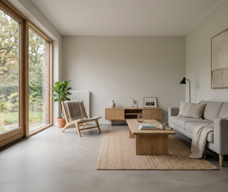 Grijze lavasteen gietvloer in een minimalistische woonkamer met jute vloerkleed