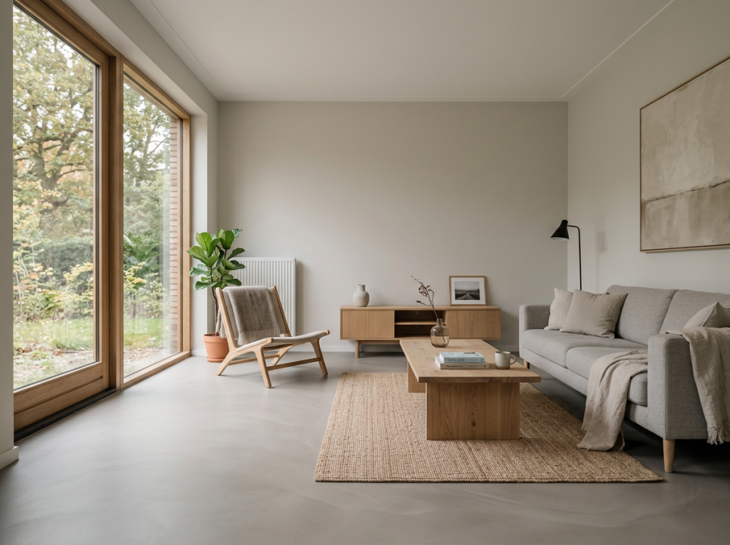 Grijze lavasteen gietvloer in een minimalistische woonkamer met jute vloerkleed