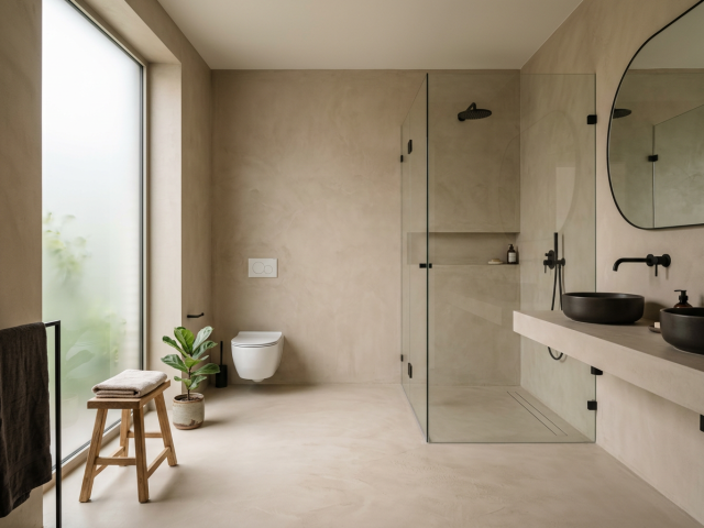 Badkamer met beige microcement op vloer en wanden, inloopdouche en stenen waskommen