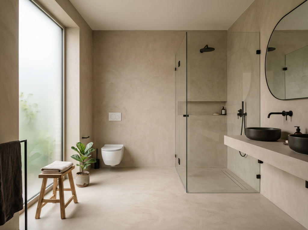 Badkamer met beige microcement op vloer en wanden, inloopdouche en stenen waskommen