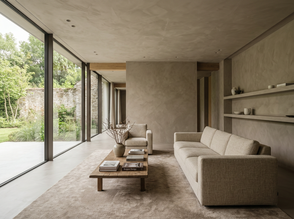 Woonkamer met beige microcement vloer en wanden en doorlopende tuindeuren