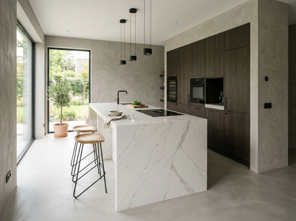Keuken met grijze microcement vloer en wanden en marmeren kookeiland